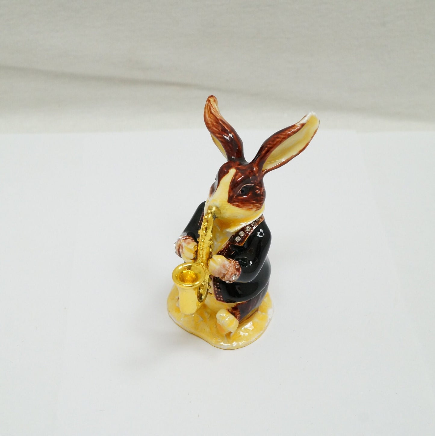 Vintage Rabbit playing the Saxophone Jeweled Pewter Trinket 14K Gold Plated