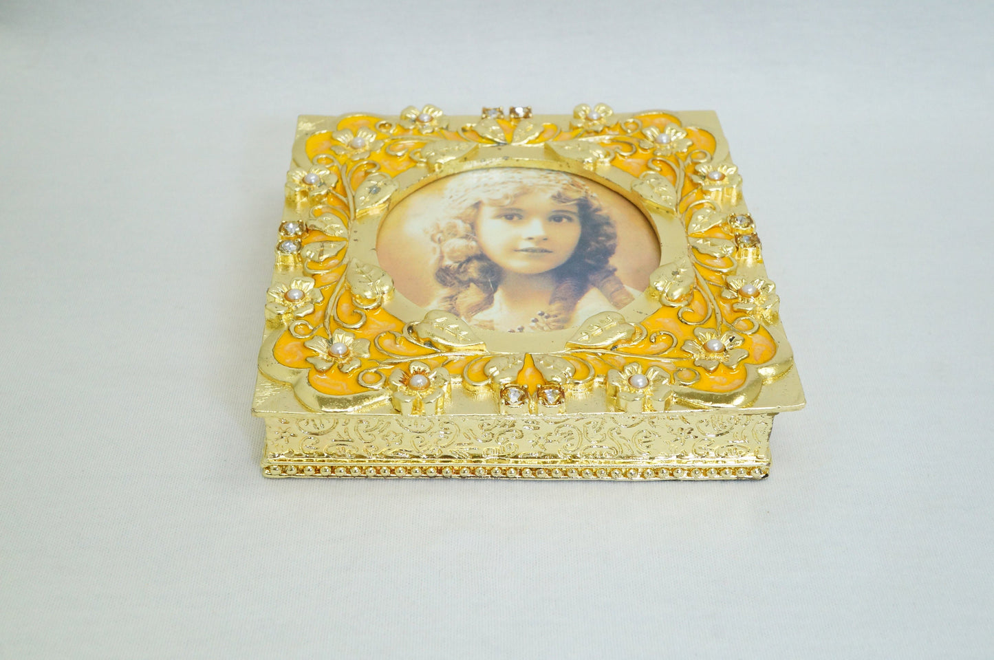 Cristiani Collezione Vintage Square Jewelry Trinket Box with Photo Frame Lid 14K Gold Plated