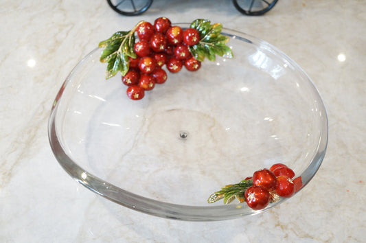 Red Apple Oval Wavy Edge Decorative Tray 14K Gold Plated