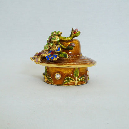Vintage Floral Hat Trinket Box Pewter Jeweled Enameled 14K Gold Plated
