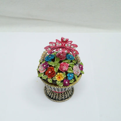 Vintage Weave Basket with Floral Lid and Bow Handle Jeweled Pewter Trinket