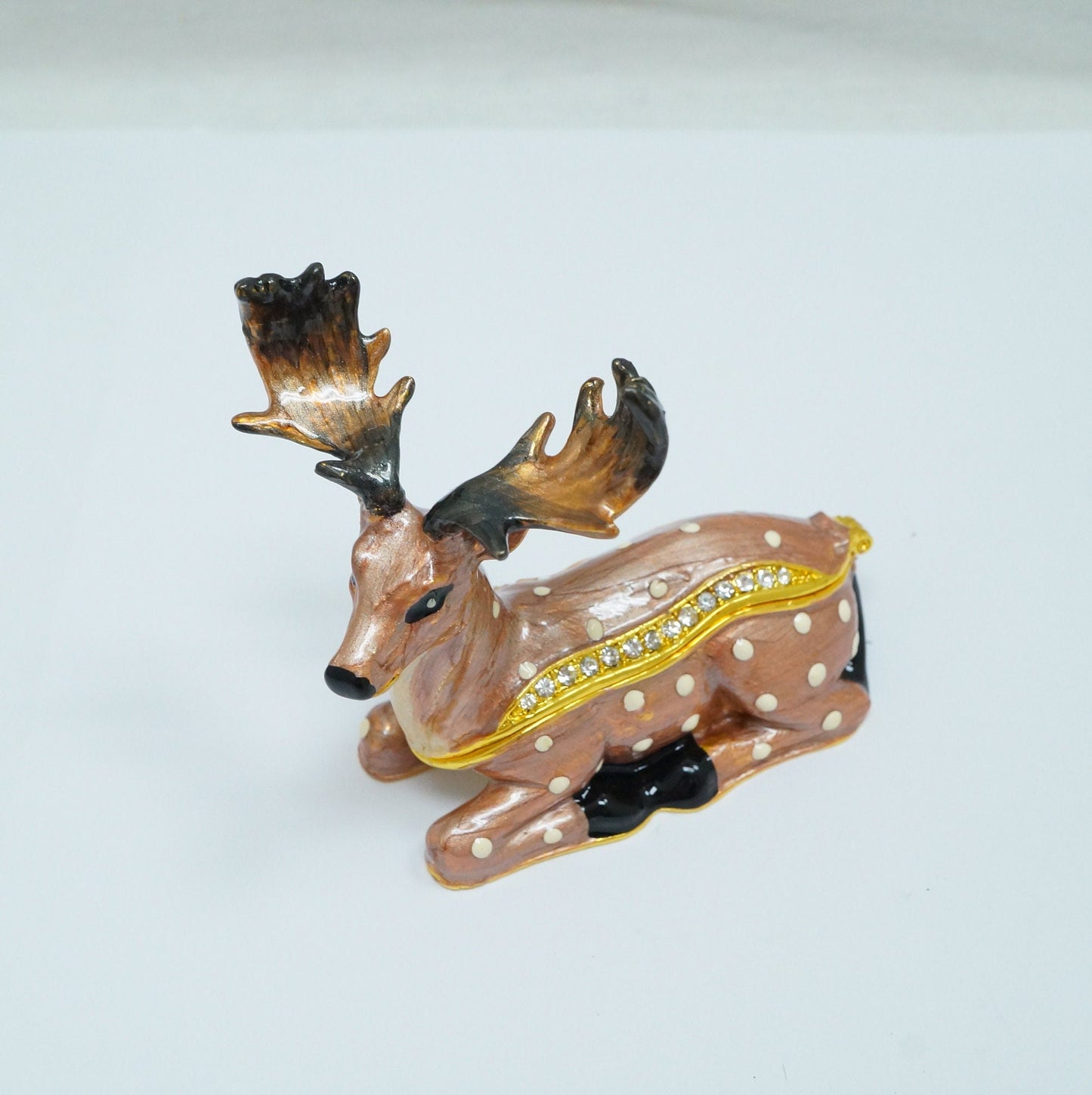 Vintage Fallow Deer Jeweled Pewter Trinket 14K Gold Plated