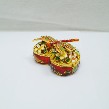 Cristiani Collezione Heart Floral With Dragon Fly Pewter Enameled Trinket Box 14K Gold Plated