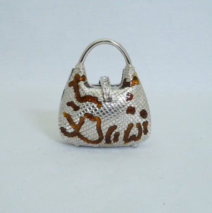 Vintage Silver Brown Handbag Trinket Box Pewter Jeweled Enameled
