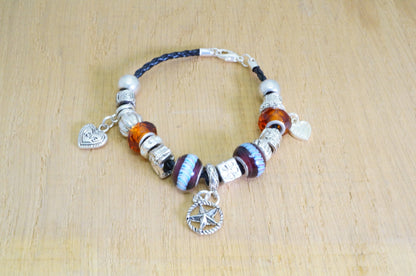 Faux Beaded Multi Silver Toned Charms Faux Braided Leather Bracelet Fashion Jewelry