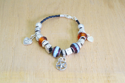 Faux Beaded Multi Silver Toned Charms Faux Braided Leather Bracelet Fashion Jewelry