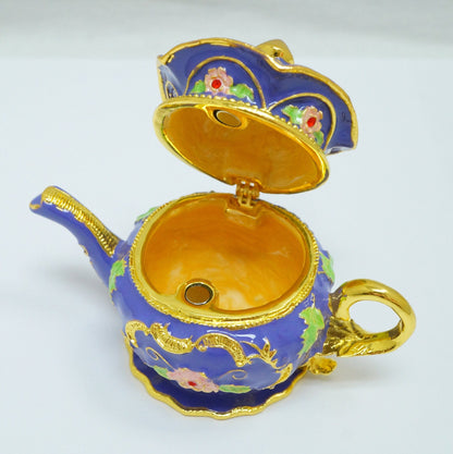Cristiani Collezione Purple Gold Floral Design Jeweled Pewter Teapot Trinket 14K Gold Plated