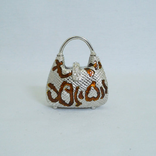 Vintage Silver Brown Handbag Trinket Box Pewter Jeweled Enameled