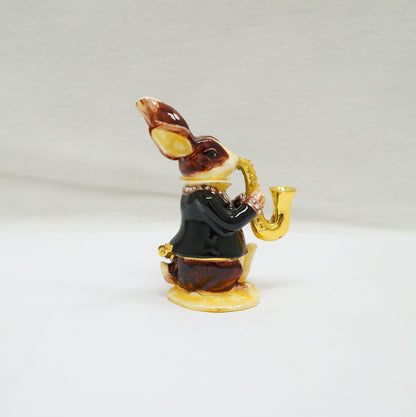 Vintage Rabbit playing the Saxophone Jeweled Pewter Trinket 14K Gold Plated