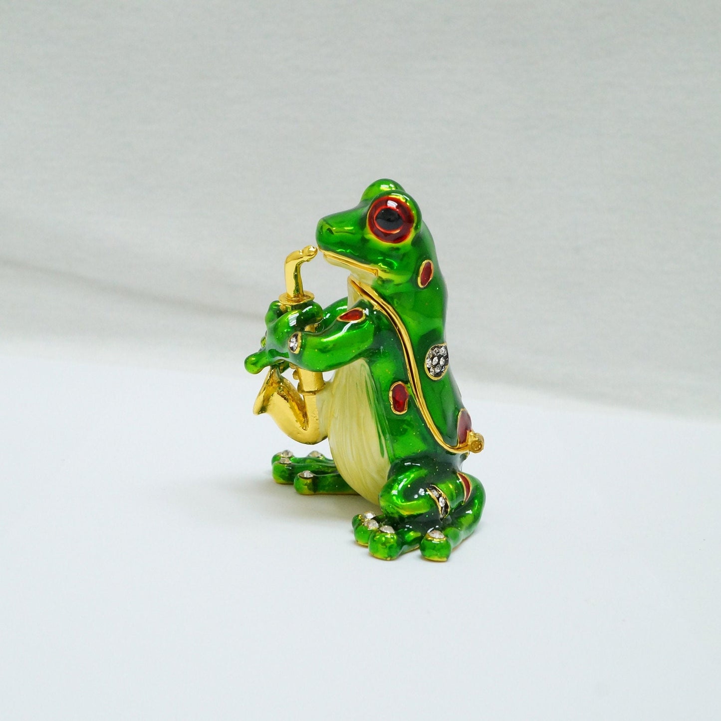 Vintage Frog Playing The Saxophone Jeweled Pewter Trinket 14K Gold Plated