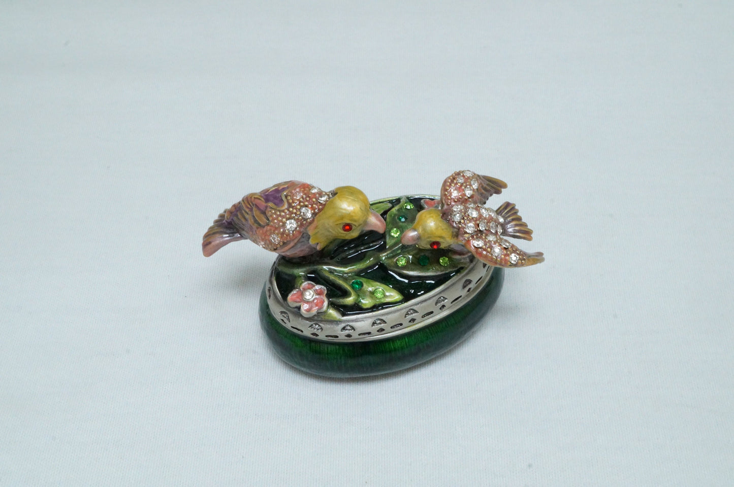 Vintage Oval Trinket with Two birds on Lid Pewter Enameled
