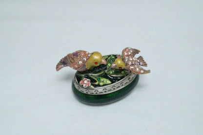 Vintage Oval Trinket with Two birds on Lid Pewter Enameled