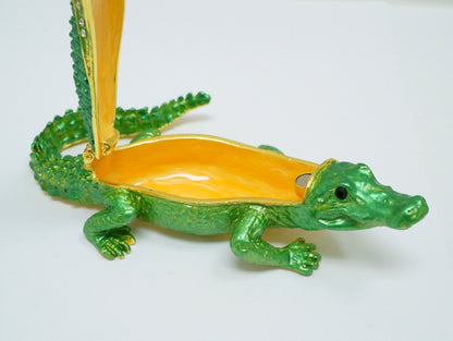 Cristiani Collezione Dad and Baby Green Jeweled Pewter Alligator Trinket 14K Gold Plated