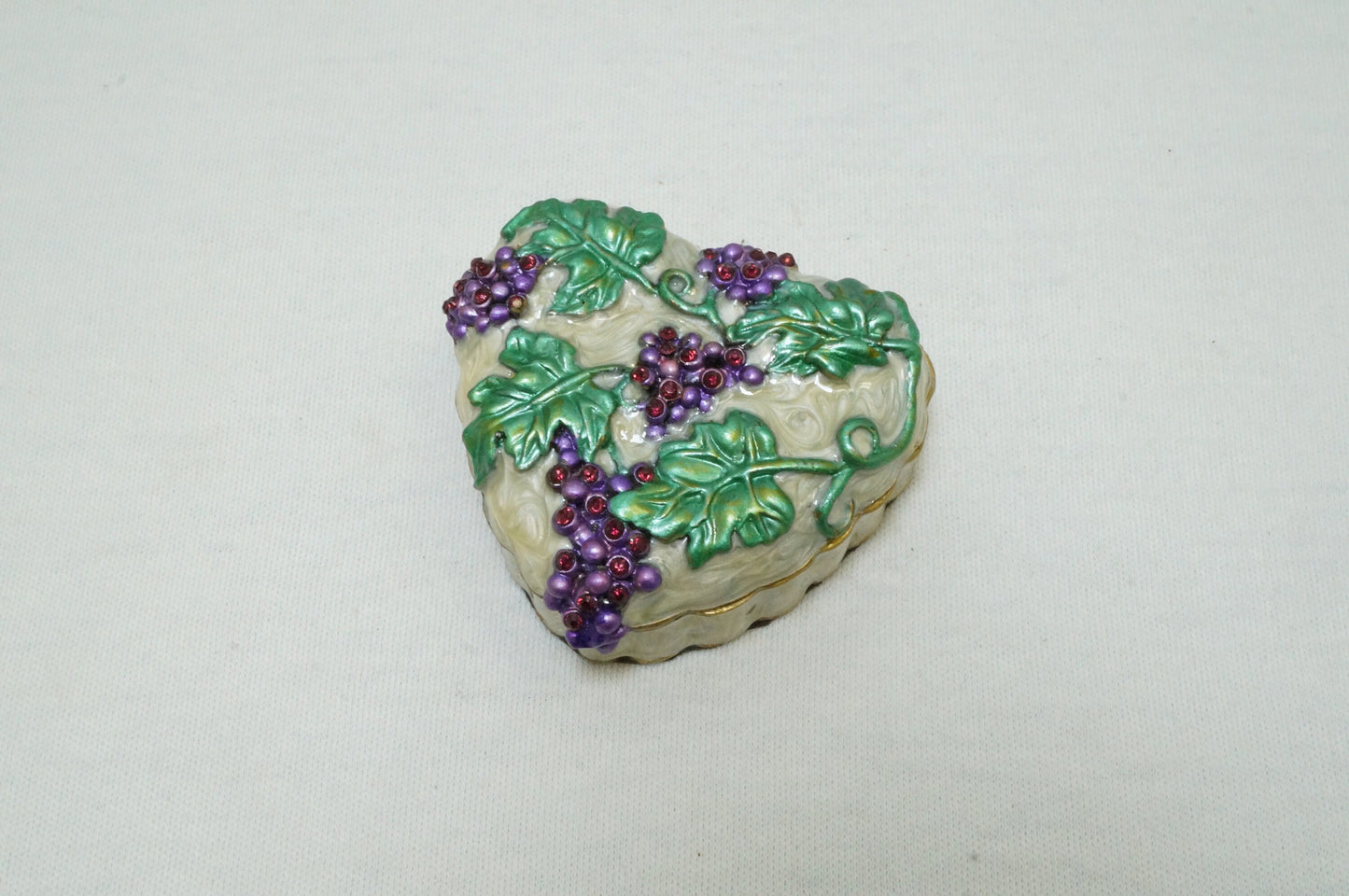 Vintage Heart Trinket Box with Grape and Vines Pewter Enamel