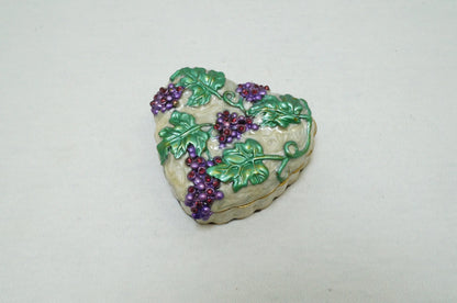 Vintage Heart Trinket Box with Grape and Vines Pewter Enamel