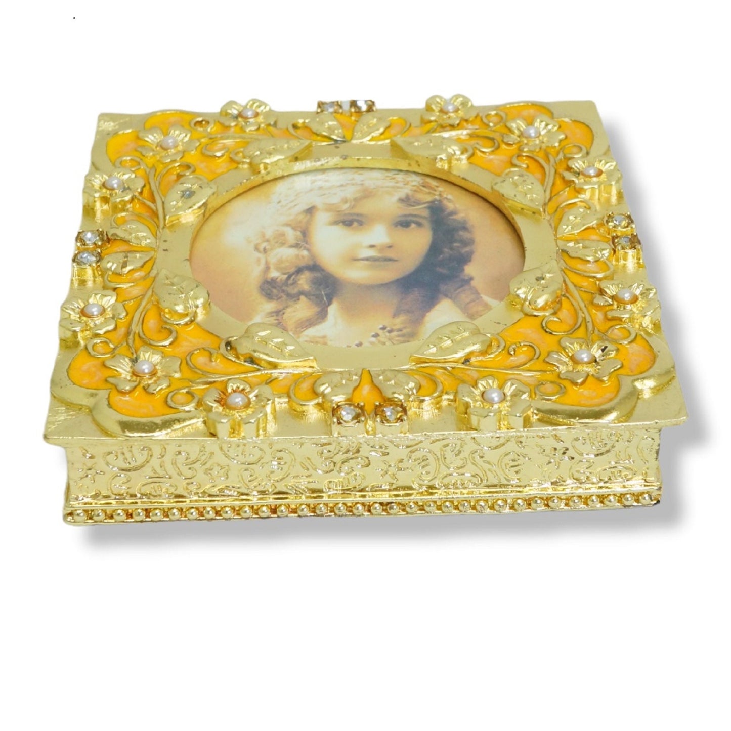 Cristiani Collezione Vintage Square Jewelry Trinket Box with Photo Frame Lid 14K Gold Plated