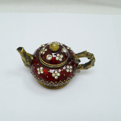 Vintage Burgundy Bronze Floral Jeweled Teapot Pewter Trinket 14K Gold Plated