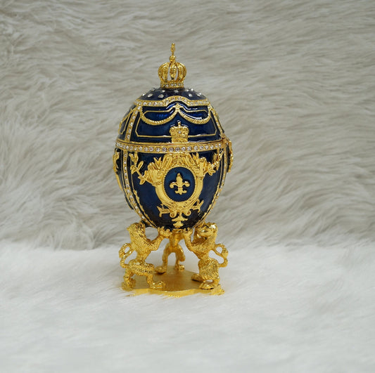 Cristiani Collezione Large Blue Gold Lion Musical Egg Trinket Box 14K Gold Plated