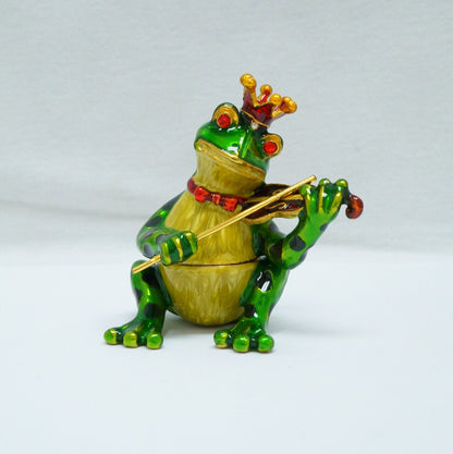 Vintage Frog With Crown Playing the Violin Jeweled Pewter Trinket 14K Gold Plated