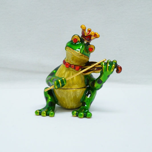 Vintage Frog With Crown Playing the Violin Jeweled Pewter Trinket 14K Gold Plated