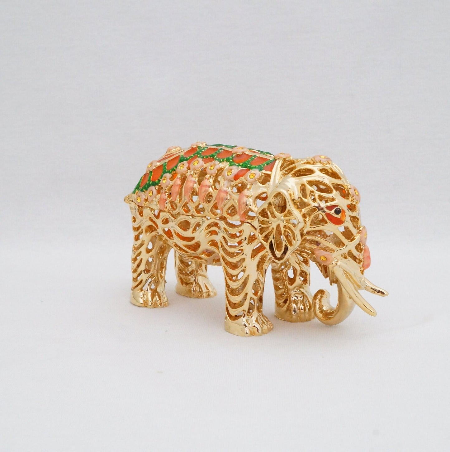 Cristiani Collezione Gold Floral Ornate Cut Out Pattern Elephant Trinket Pewter Jeweled Enameled