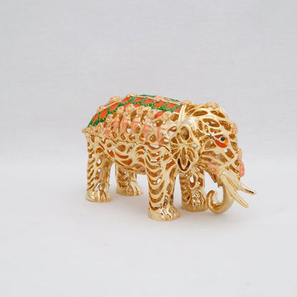 Cristiani Collezione Gold Floral Ornate Cut Out Pattern Elephant Trinket Pewter Jeweled Enameled