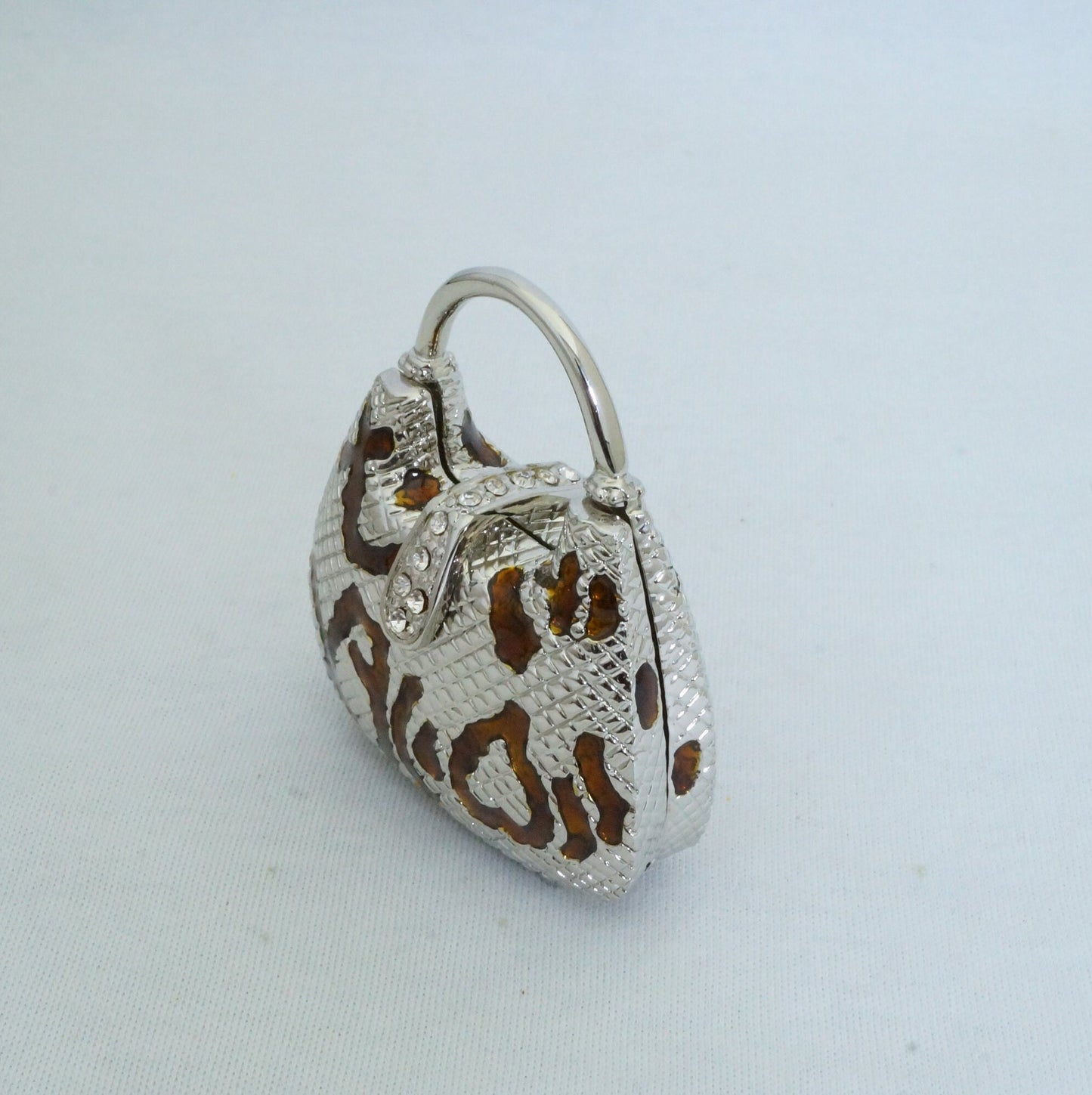 Vintage Silver Brown Handbag Trinket Box Pewter Jeweled Enameled