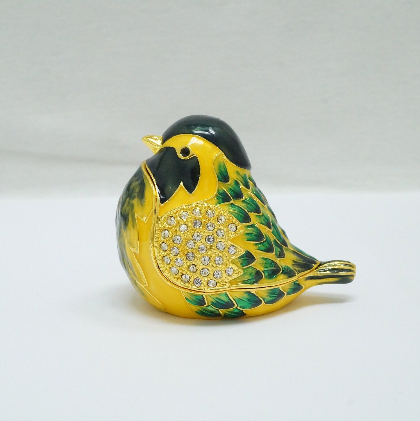 Cristiani Collezione Green Yellow Black Jeweled Chickadee Pewter Trinket 14K Gold Plated