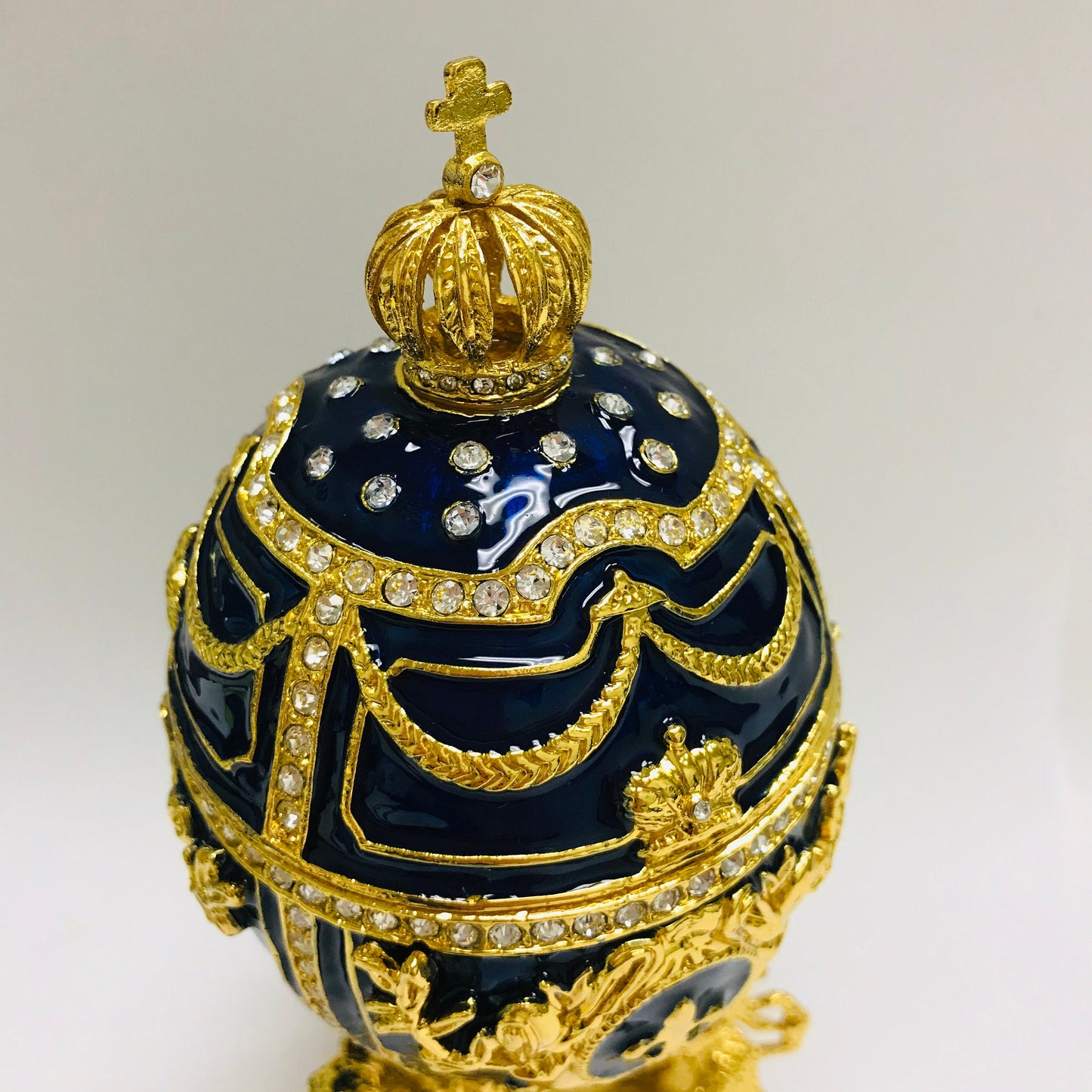 Cristiani Collezione Large Blue Gold Lion Musical Egg Trinket Box 14K Gold Plated