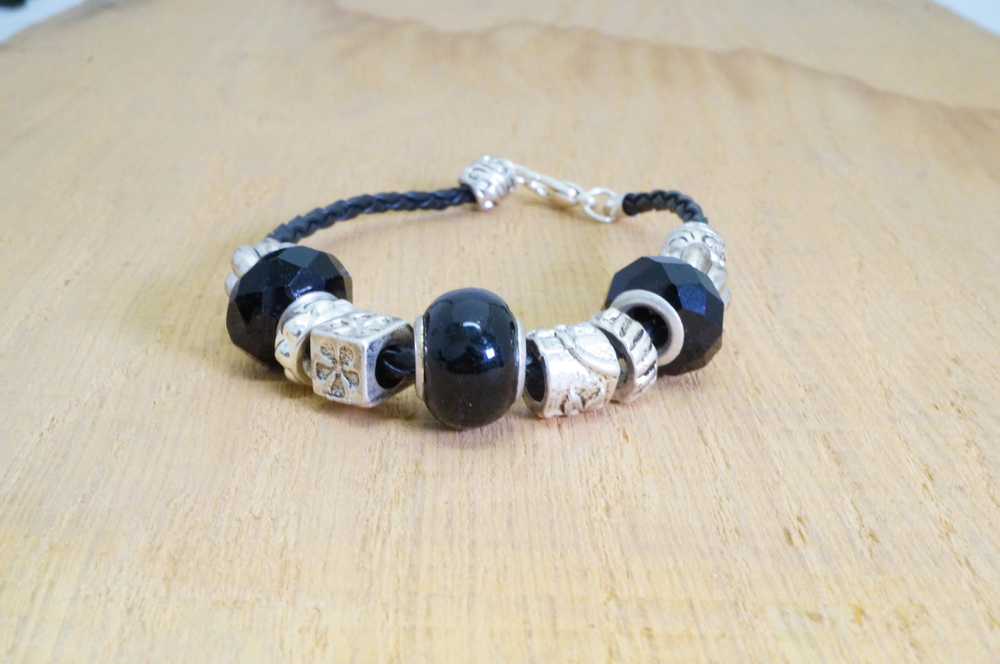 Faux Beaded Multi Silver Toned Charms Faux Braided Leather Bracelet Fashion Jewelry