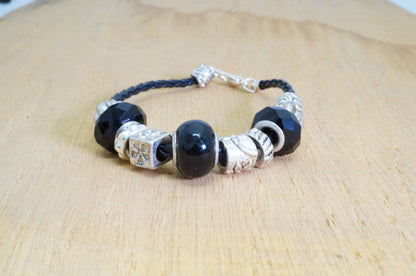 Faux Beaded Multi Silver Toned Charms Faux Braided Leather Bracelet Fashion Jewelry