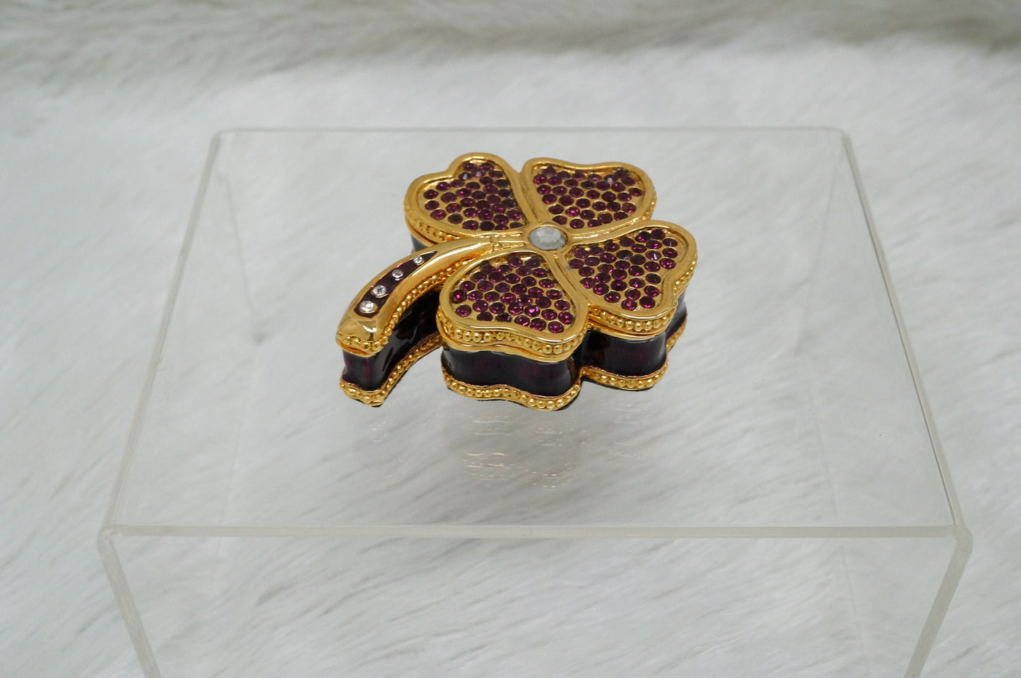 LAST PIECE - Cristiani Collezione 14k Gold Plated Purple Jeweled 4 Leaf Lucky Clover Trinket Box