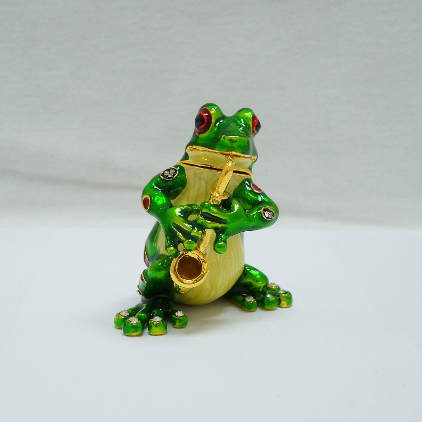 Vintage Frog Playing The Saxophone Jeweled Pewter Trinket 14K Gold Plated