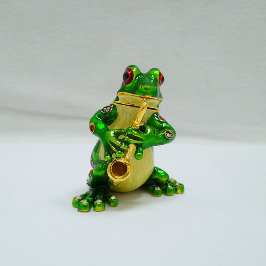 Vintage Frog Playing The Saxophone Jeweled Pewter Trinket 14K Gold Plated