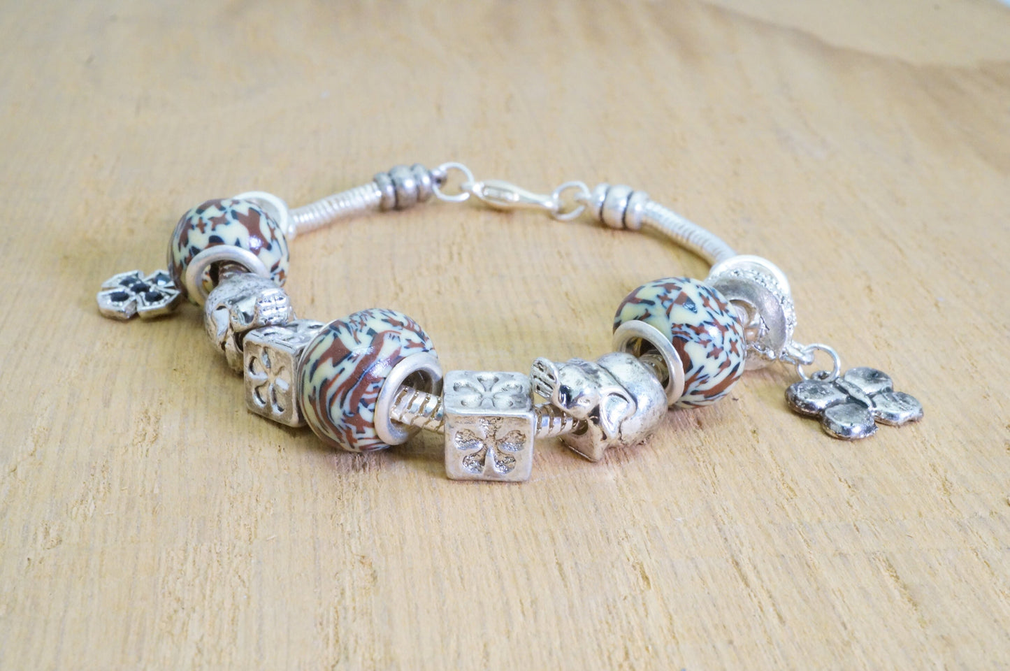 Faux Beaded Multi Charms Silver Toned Bracelet