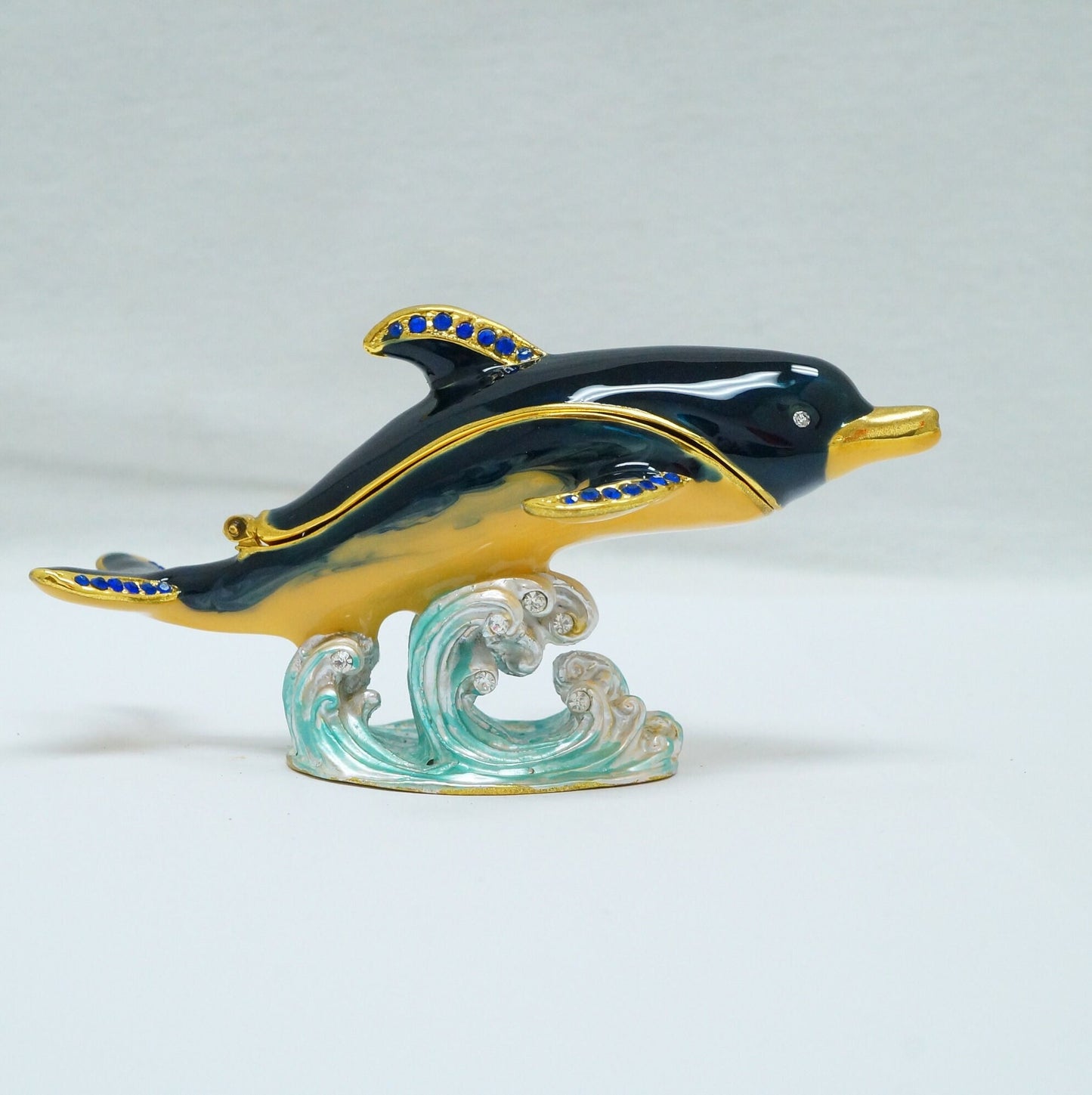 Vintage Swimming Dolphin Wave Jeweled Pewter Trinket 14K Gold Plated