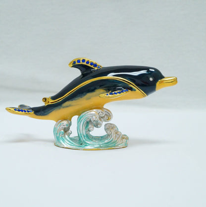 Vintage Swimming Dolphin Wave Jeweled Pewter Trinket 14K Gold Plated