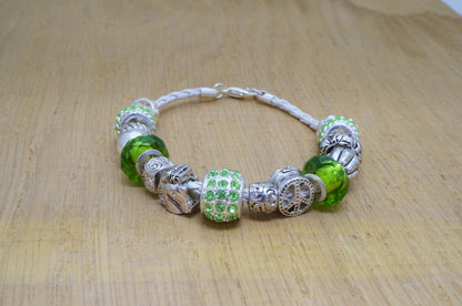 Faux Beaded Multi Silver Toned Charms Faux Braided Leather Bracelet Fashion Jewelry