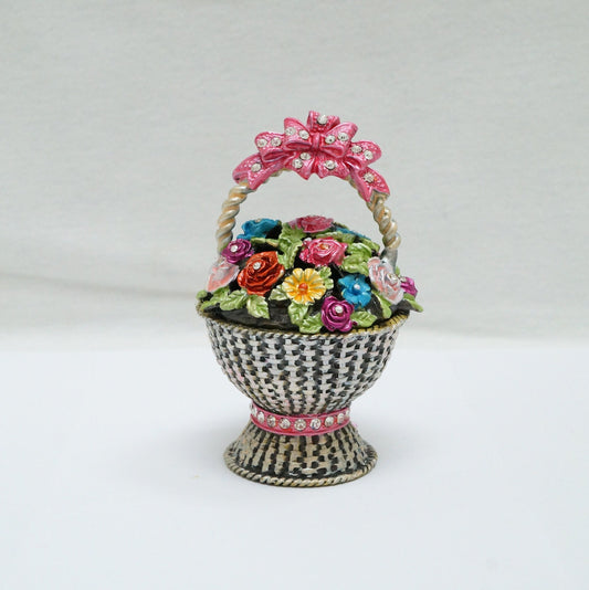 Vintage Weave Basket with Floral Lid and Bow Handle Jeweled Pewter Trinket