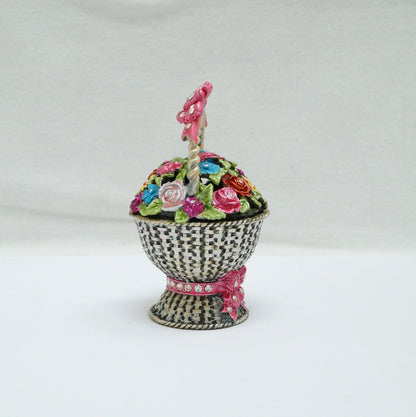 Vintage Weave Basket with Floral Lid and Bow Handle Jeweled Pewter Trinket