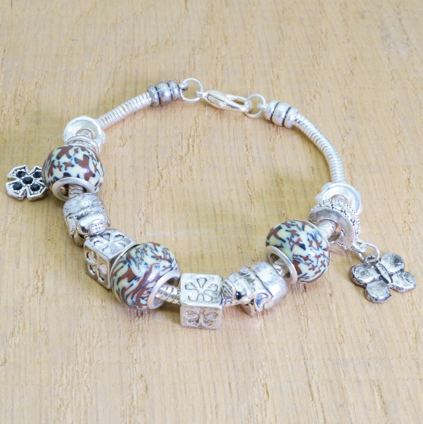 Faux Beaded Multi Charms Silver Toned Bracelet