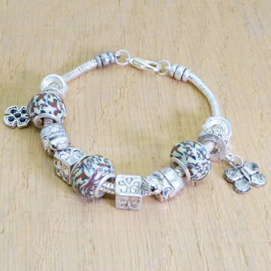 Faux Beaded Multi Charms Silver Toned Bracelet