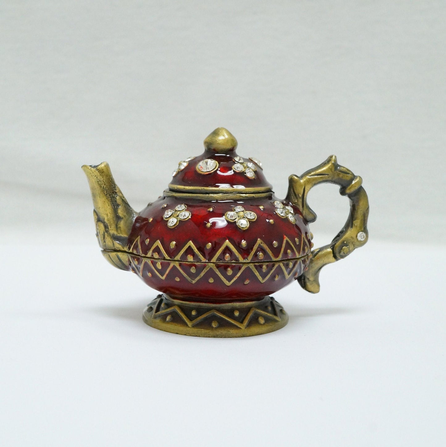 Vintage Burgundy Bronze Floral Jeweled Teapot Pewter Trinket 14K Gold Plated