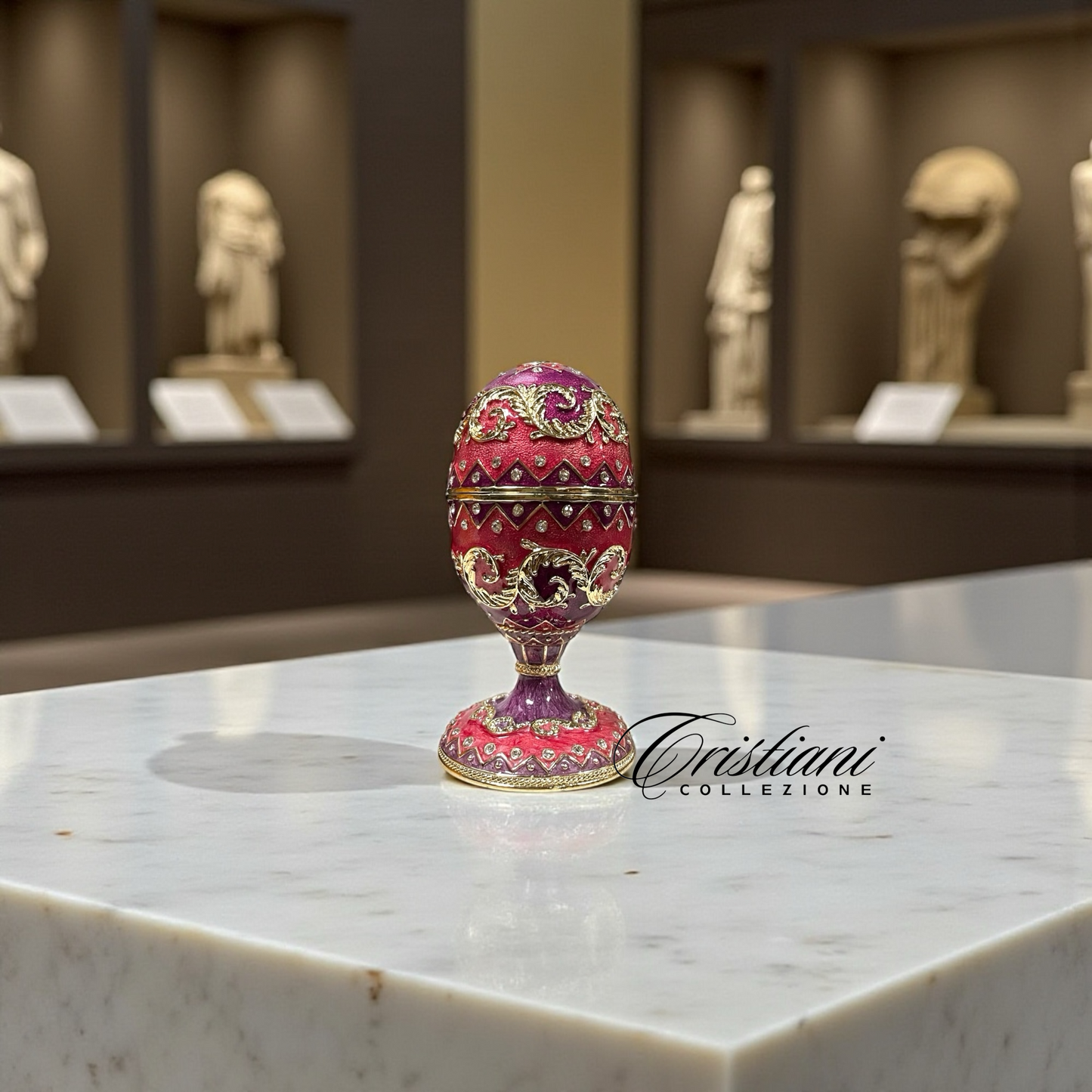 Cristiani Collezione Pink Purple Gold Musical Egg Trinket Box 14K Gold Plated