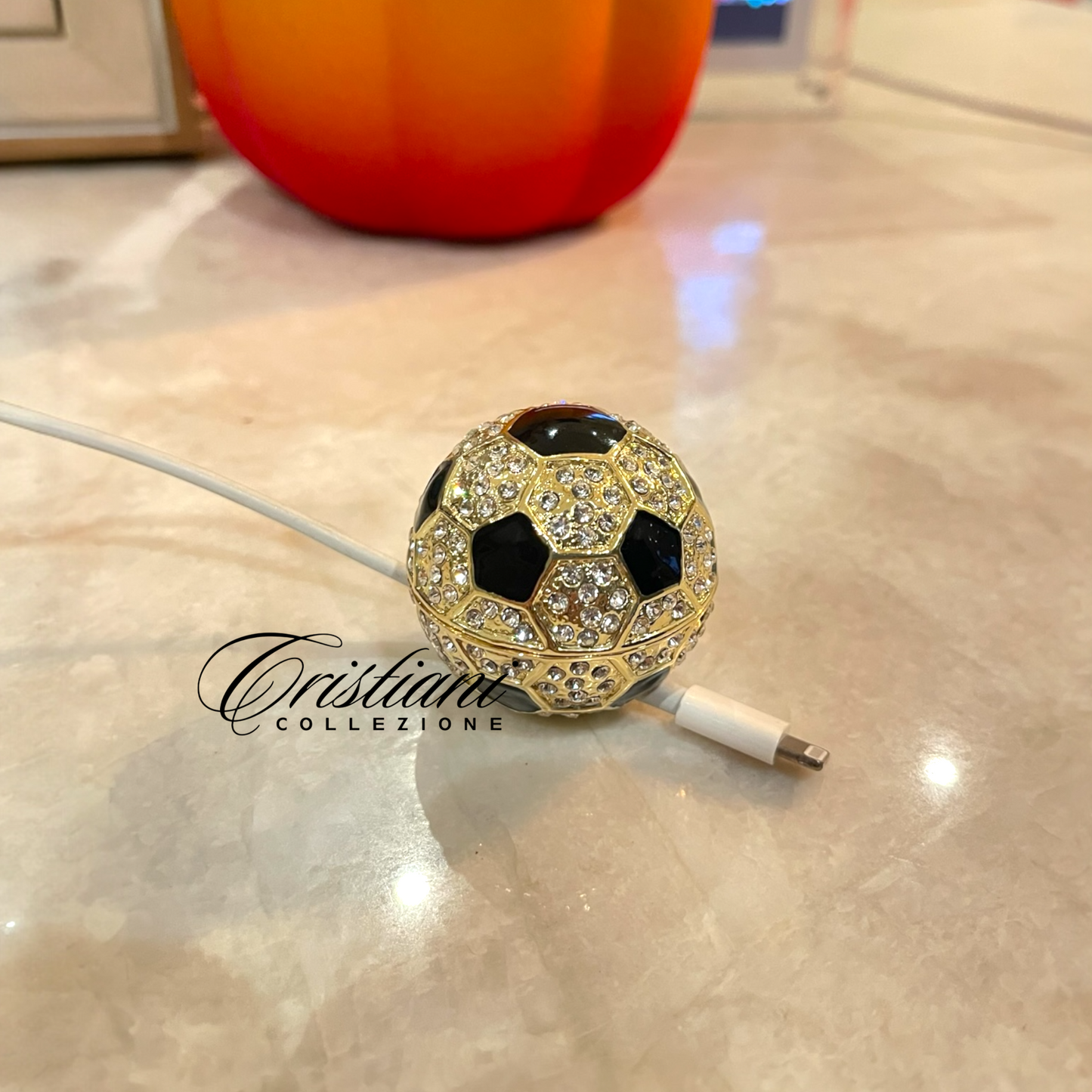 New Limited Edition 14K Gold Plated Soccer Treasure Box/Smart Device Cable Holder Jeweled with Austrian Crystals