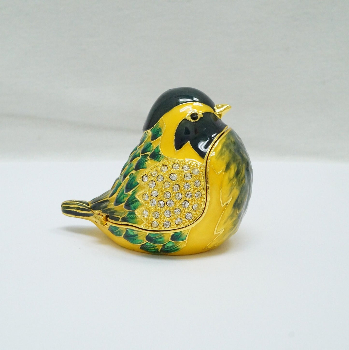 Cristiani Collezione Green Yellow Black Jeweled Chickadee Pewter Trinket 14K Gold Plated