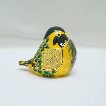 Cristiani Collezione Green Yellow Black Jeweled Chickadee Pewter Trinket 14K Gold Plated