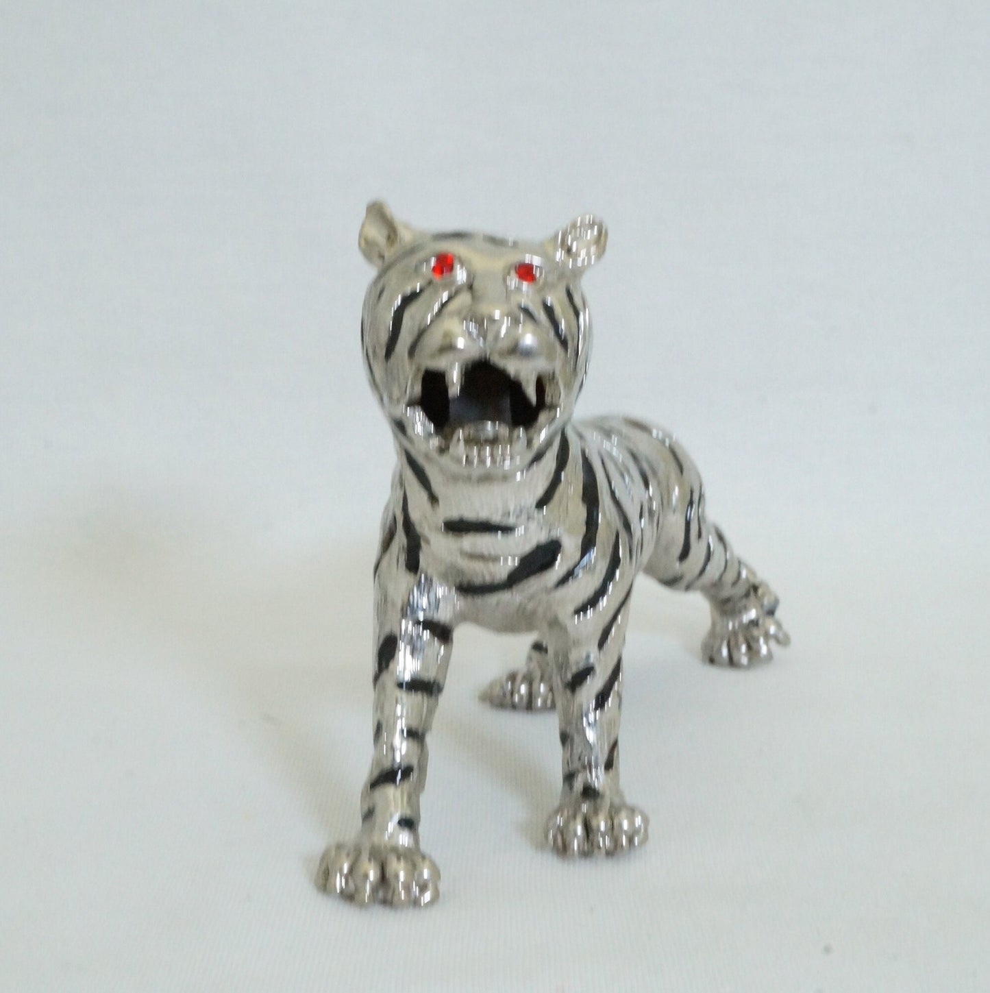 Vintage Silver Black Stripe Angry Lion Trinket Box Pewter Jeweled Enameled