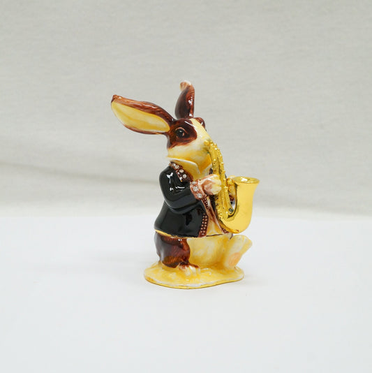 Vintage Rabbit playing the Saxophone Jeweled Pewter Trinket 14K Gold Plated