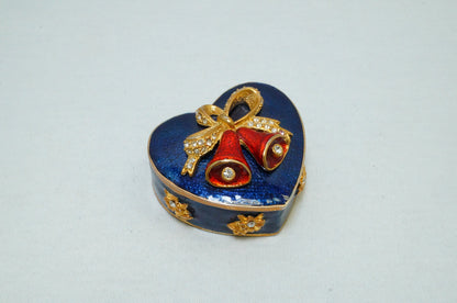 Vintage Blue Gold  Heart Trinket with Bow and Red Bells Pewter Enameled Jeweled 14K Gold Plated